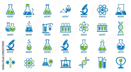 Collection of scientific icons representing laboratory equipment and molecular structures