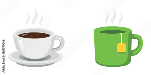 Steaming coffee and green tea mug with tea bag on gradient background
