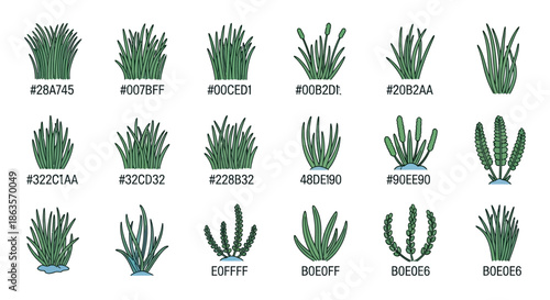 Various stylized grass and foliage vector illustrations with color hex codes for designs