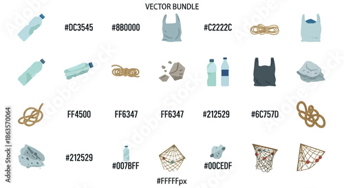 Vector illustration showing ocean pollution with various waste and color codes for graphic design