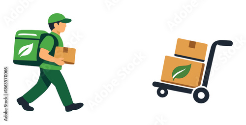 Eco-friendly delivery: male courier with leaf logo packages in sustainable transport concept