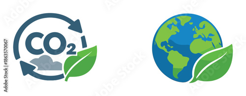 Carbon emissions and global impact: illustrated symbols of co2 recycling and earth with eco-friendly leaf
