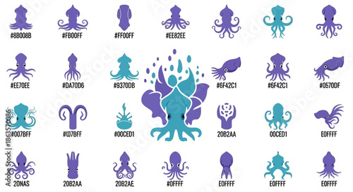 Collection of Squid and Octopus Illustrations with Corresponding Color Hex Codes for Design Projects