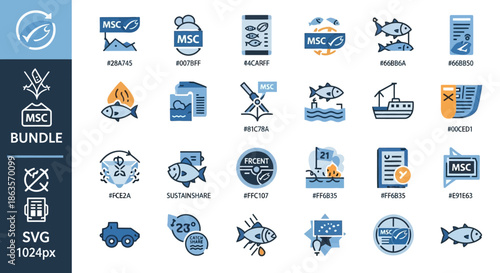 Vector icons illustration set for sustainable seafood certification and fishing industries