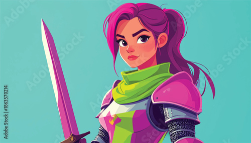 Determined female warrior with pink hair and sword illustration.