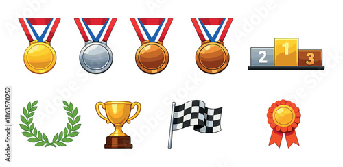 Colorful sports awards: medals, trophy, laurel, flag, ribbon, podium