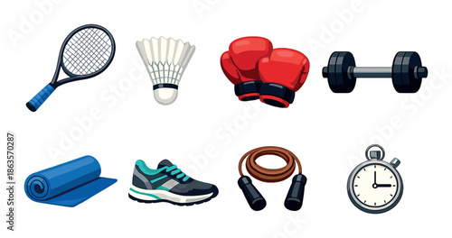 Various sports equipment: tennis racquet, shuttlecock, boxing gloves, dumbbell, yoga mat, sneakers, jump rope, stopwatch
