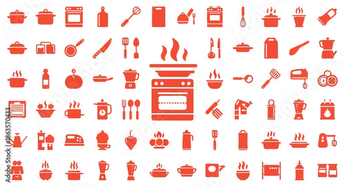 Red kitchen utensils and equipment icons isolated on white background for cooking concept