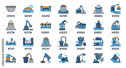 Collection of Illustrated Icons Depicting Water Pollution and Remediation Processes