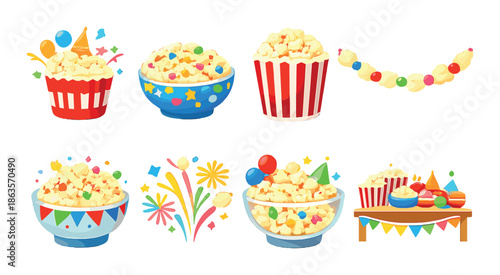Colorful popcorn bowls with festive decorations and bright lights