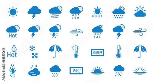 Collection of Blue Weather Icons Representing Various Meteorological Conditions and Forecasting
