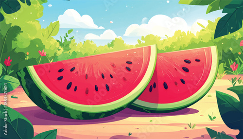 Two Slices of Watermelon on a Wooden Surface in Summer.