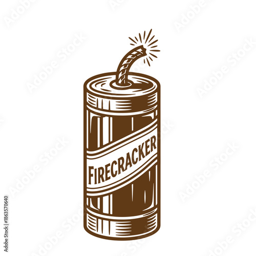 Brown firecracker with lit fuse on white background