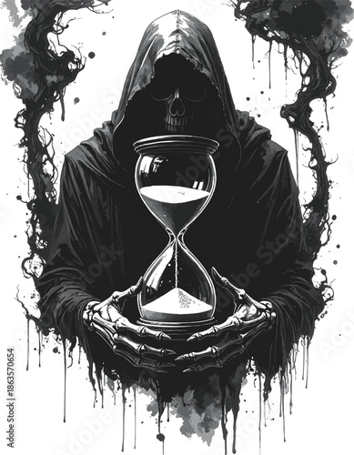 A hooded figure holding an hourglass with smoke and ink splatters on isolated