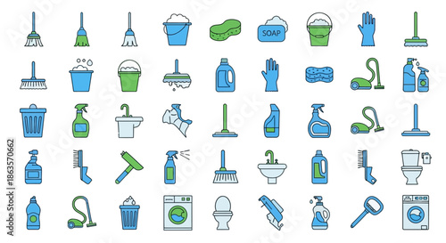 Vector illustration depicting various cleaning supplies and equipment for household chores and
