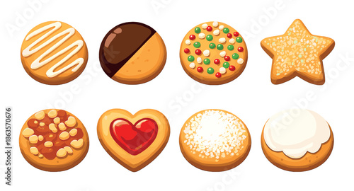 Assorted decorative cookies: heart, star, sprinkle designs with glaze and chocolate toppings