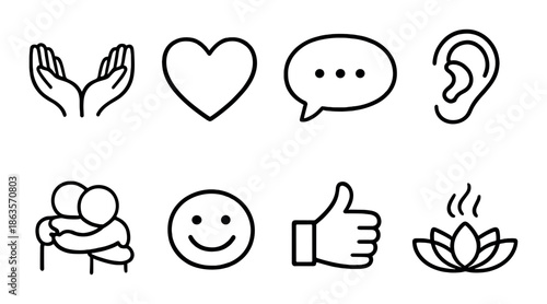Symbols of communication: hands, heart, speech, ear, hug, smile, thumbs up, lotus