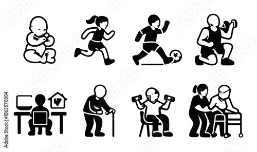 Life stages icon set: baby to elderly engaging in activities