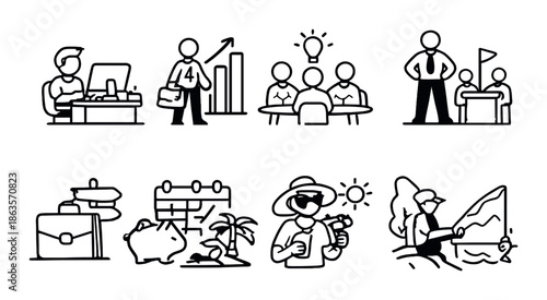 Business and leisure icons: office, meeting, travel, adventure, finance