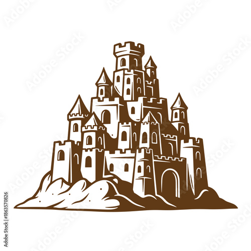 Brown illustration of a large sandcastle with multiple towers and turrets on a mound of sand