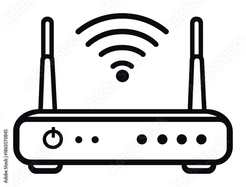 Black icon of wireless router with antennas and wi-fi signal on grey gradient background