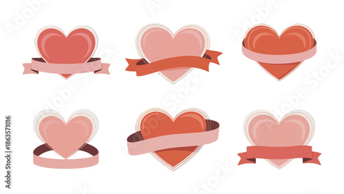 Heart Emblem Collection: A delightful ensemble of heart emblems, each adorned with a ribbon, perfect for conveying messages of love and affection.