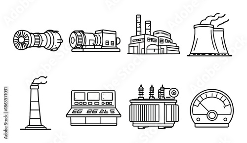 Industrial energy icons: power plant, turbine, transformer, smoke stack, control panel