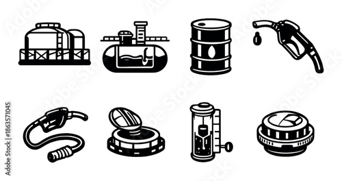 Industrial icons of fuel storage, pump, and oil barrel on dark background