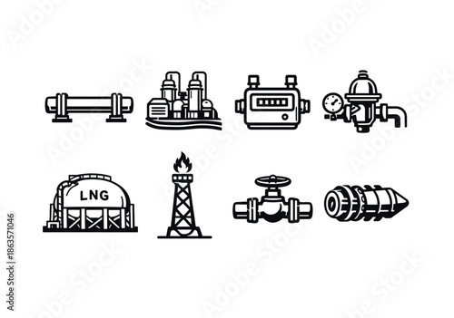 Industrial energy icons: lng, pipelines, valves, refineries, meters