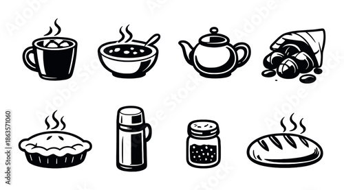 Monochrome icon set of coffee, soup, teapot, snacks, pie, thermos, salt shaker, bread