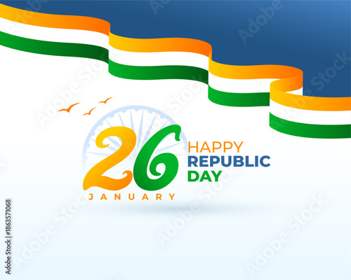 26th january republic day festive background with curvy tricolor ribbon and ashoka chakra