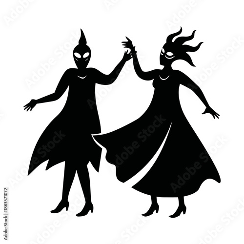 Minimalist Energetic Silhouette Dance of Two Mysterious Figures in Black and White