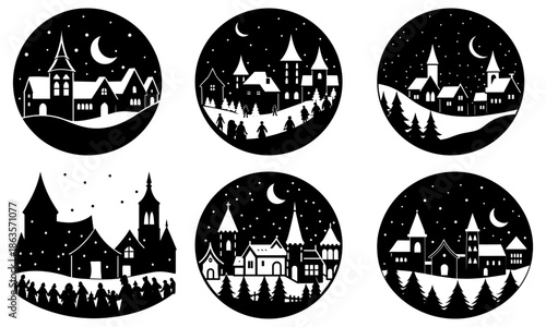 Minimalist Night Village Silhouette Collection Evoking Magical Serene Nighttime Atmosphere