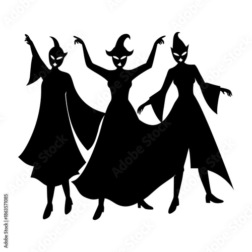 Minimalist spooky witches silhouette trio in bold black shapes for halloween wallpaper