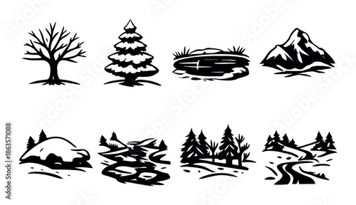 Silhouette landscape icons: trees, mountains, ponds, and pathways