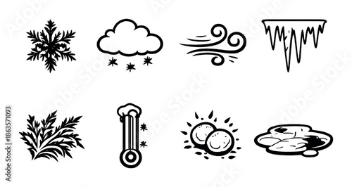 Weather symbols: snowflake, cloud, wind, icicle, leaf, thermometer, hail, puddle