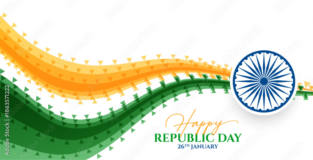 Fototapeta premium happy republic day banner with flowing tricolor wave and ashok chakra