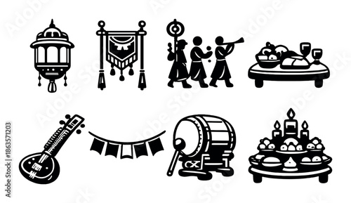 Monochrome indian festival icons: lantern, musicians, food, instruments, flags, sweets