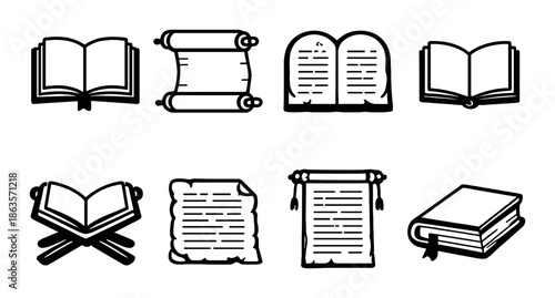 Set of eight religious and historical text icons on dark background