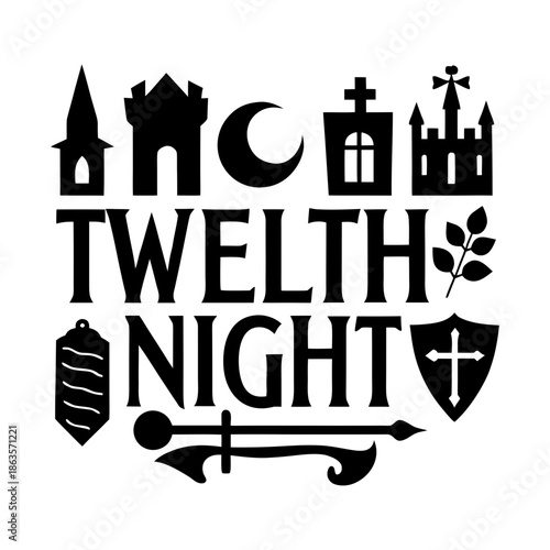 Minimalist Theatrical Twelth Night Typography with Medieval Heraldic Design Illustration