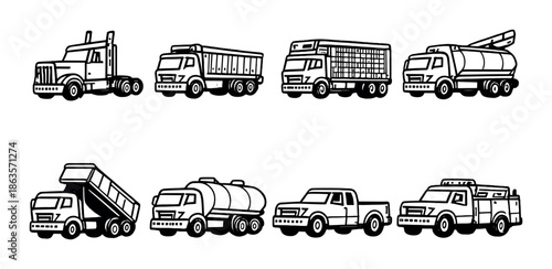 Collection of various industrial trucks on black background