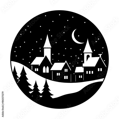 Minimalist Calm Night Village Silhouette Illustration with Snow, Stars, Moon, and Trees