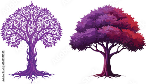 Autumn tree illustration, seasonal foliage artwork, decorative plant drawing, golden brown leaves, yellow green foliage, fall landscape design, botanical vector, forest nature art