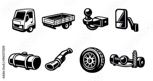 Monochrome collection: vehicle parts icons featuring truck, trailer, exhaust, tire, and more