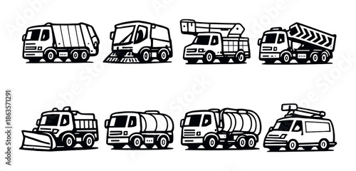 Set of eight utility vehicles: trucks, sweepers, snowplows, tankers, vans