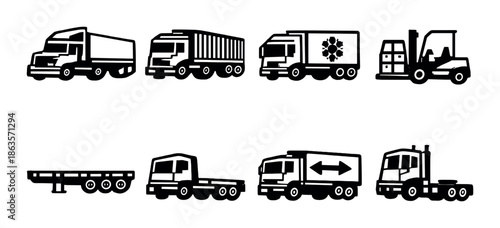 Black and white vehicle icons: trucks, trailers, forklift