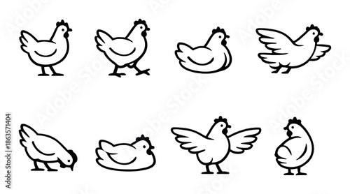 Cartoon chicken silhouettes in various poses on gray background