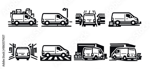 Monochrome delivery vans in various urban settings