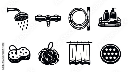 Monochrome shower icons: fixtures, accessories, and bathroom essentials
