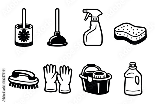Cleanliness essentials: black and white cleaning icons collection